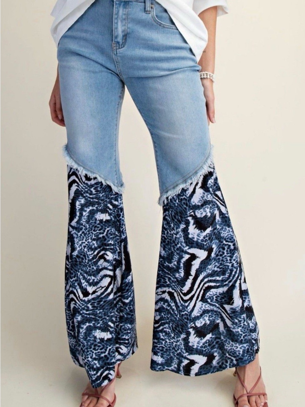 Easel Light Wash Blue Patchwork Flared Jeans with Navy Patterned Panels
